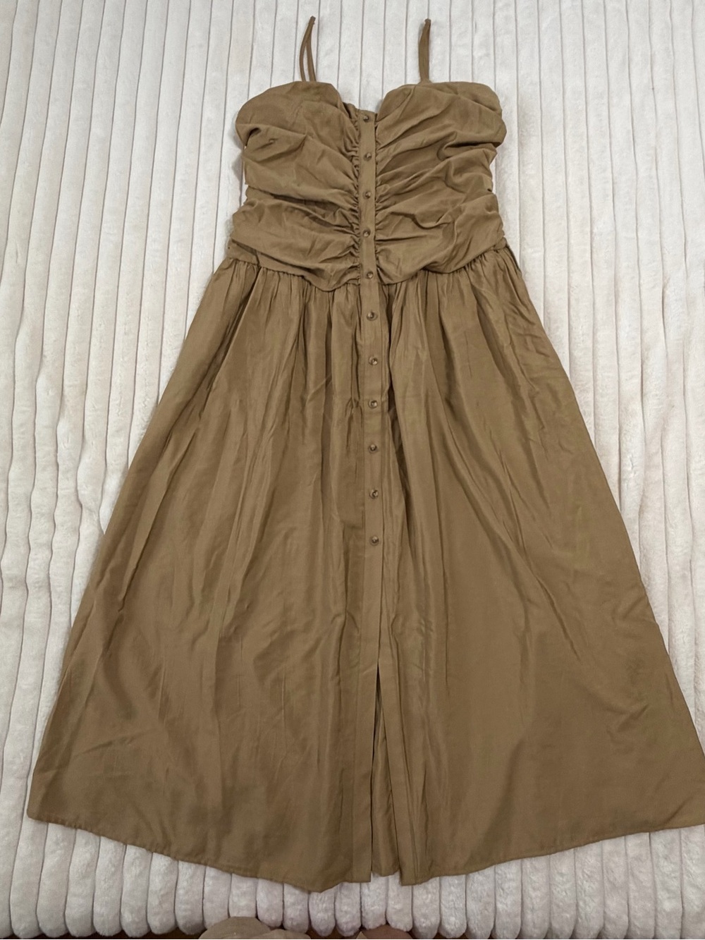 Women’s Strapless Ruched Midi Dress in Olive Brown